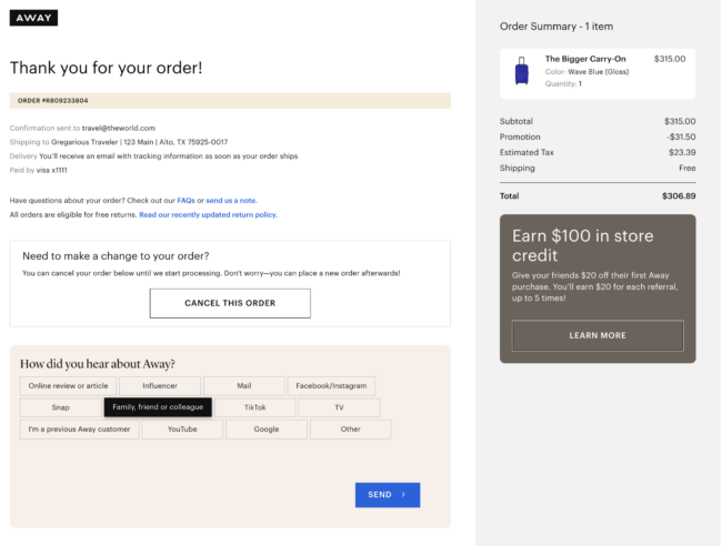 Away post-purchase survey