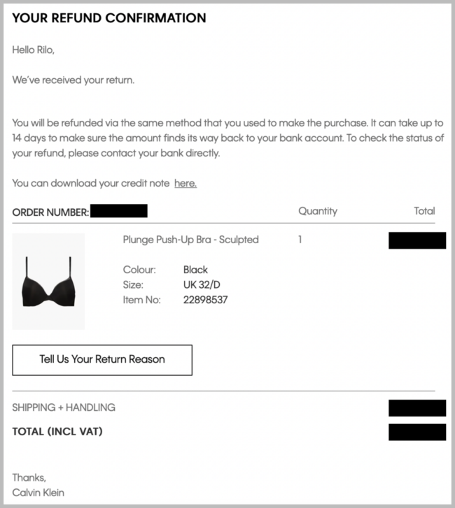 Calvin Klein refund email
