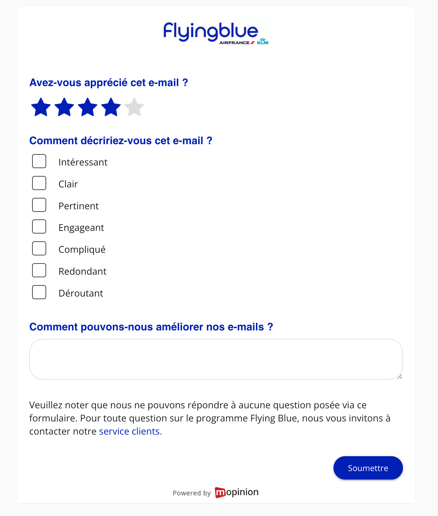 Air France mobile feedback form