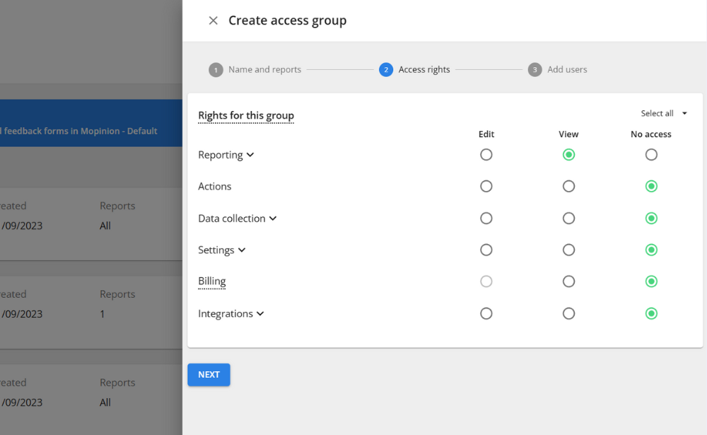 Access groups in Mopinion