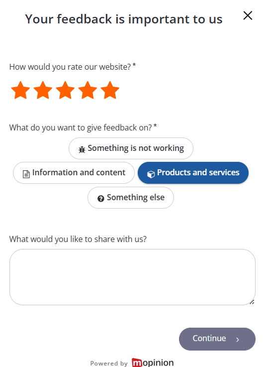 Mopinion homepage customer feedback form