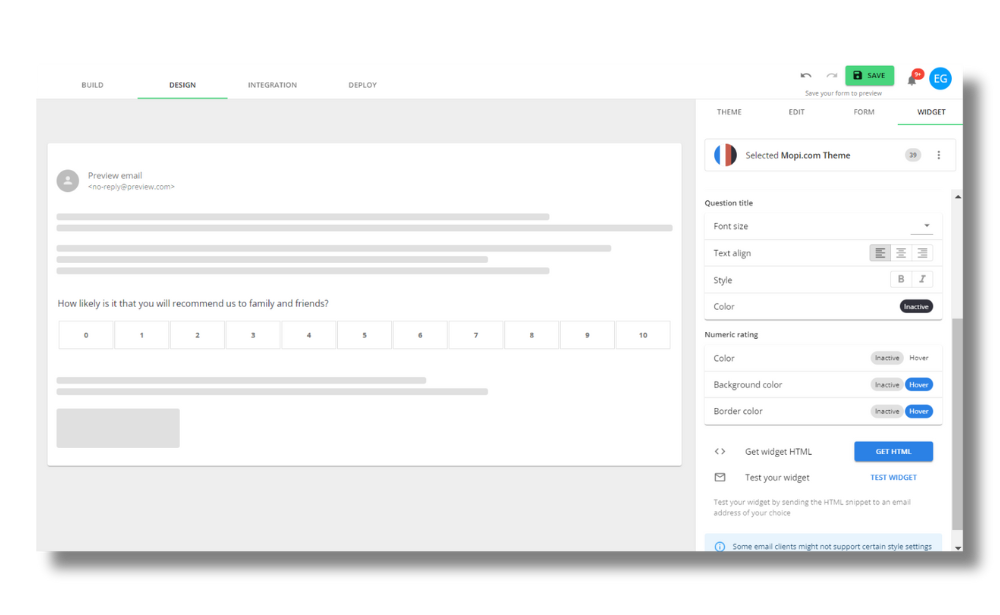 Preview widget settings in email survey